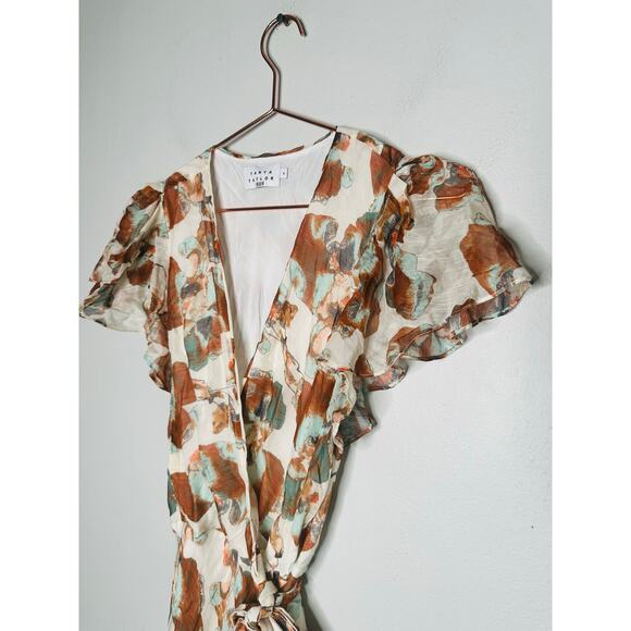 TANYA TAYLOR Floral Brown White Wrap Ruffle Sleeves Floral Blaire Dress Size 4 - Picture 7 of 13